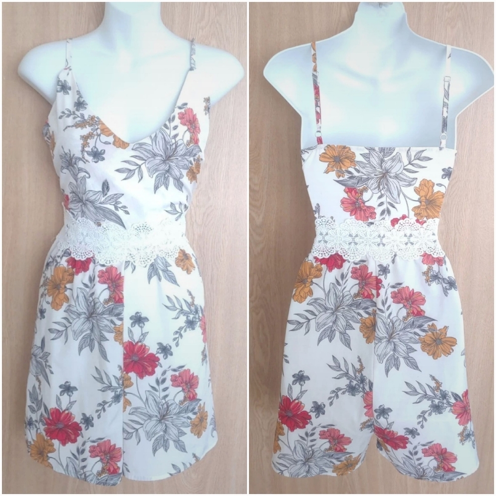 White Spaghetti Strap Floral Romper